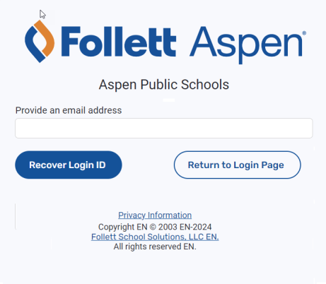 Aspen Recover Login ID pop-up